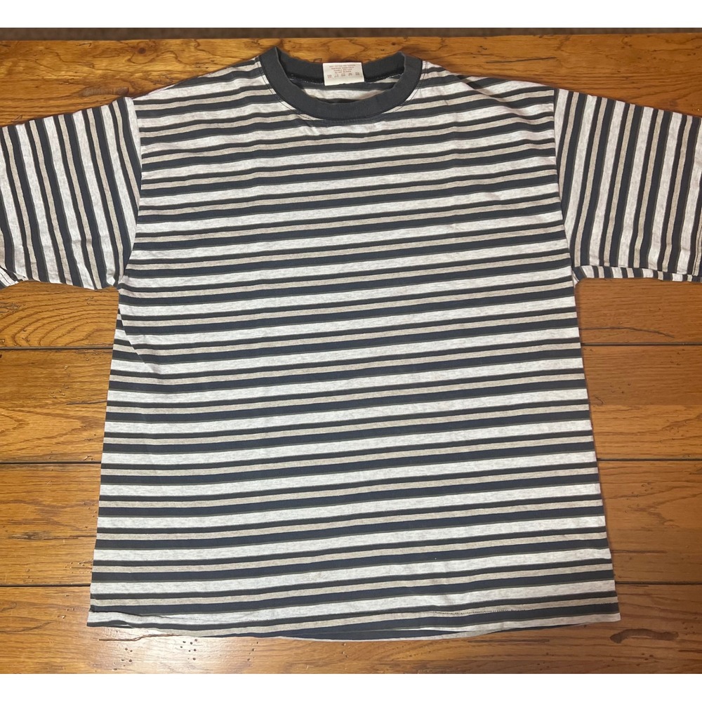 Vintage Striped Cotton T-Shirt Mens XL Grey Charcoal Olive Green Short Sleeve